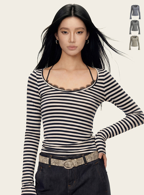 Ames 美式复古设计感【条纹撞色蕾丝拼接长袖】春季修身显瘦上衣