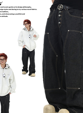 AMES 潮牌国潮美式复古排扣设计黑色牛仔裤宽松直筒休闲长裤男女