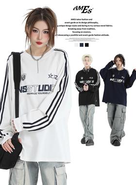 AMES 潮牌国潮情侣美式复古三条杠插肩长袖宽松重磅纯棉T恤男女