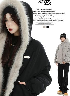 AMES 潮牌国潮情侣美式复古座山雕毛领外套夹棉加厚保暖棉服男女