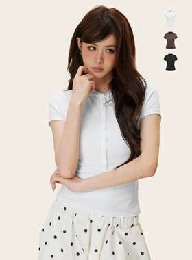 Ames 美式复古辣妹【亨利领修身正肩短袖】夏季显瘦收腰上衣T恤女
