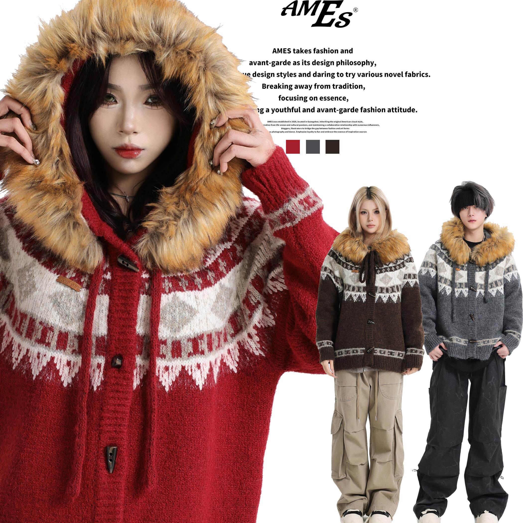 AMES可拆卸毛领费尔岛毛衣