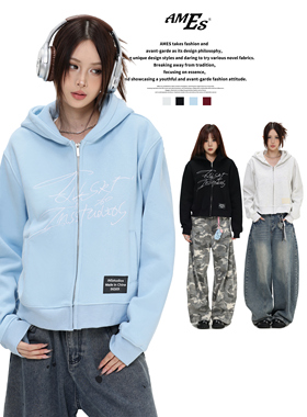 AMES 潮牌国潮美式「刺绣LOGO短款拉链卫衣」休闲加绒开衫外套女