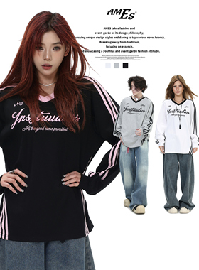 AMES 潮牌国潮美式「三条杠撞色拼接」V领长袖宽松休闲T恤男女