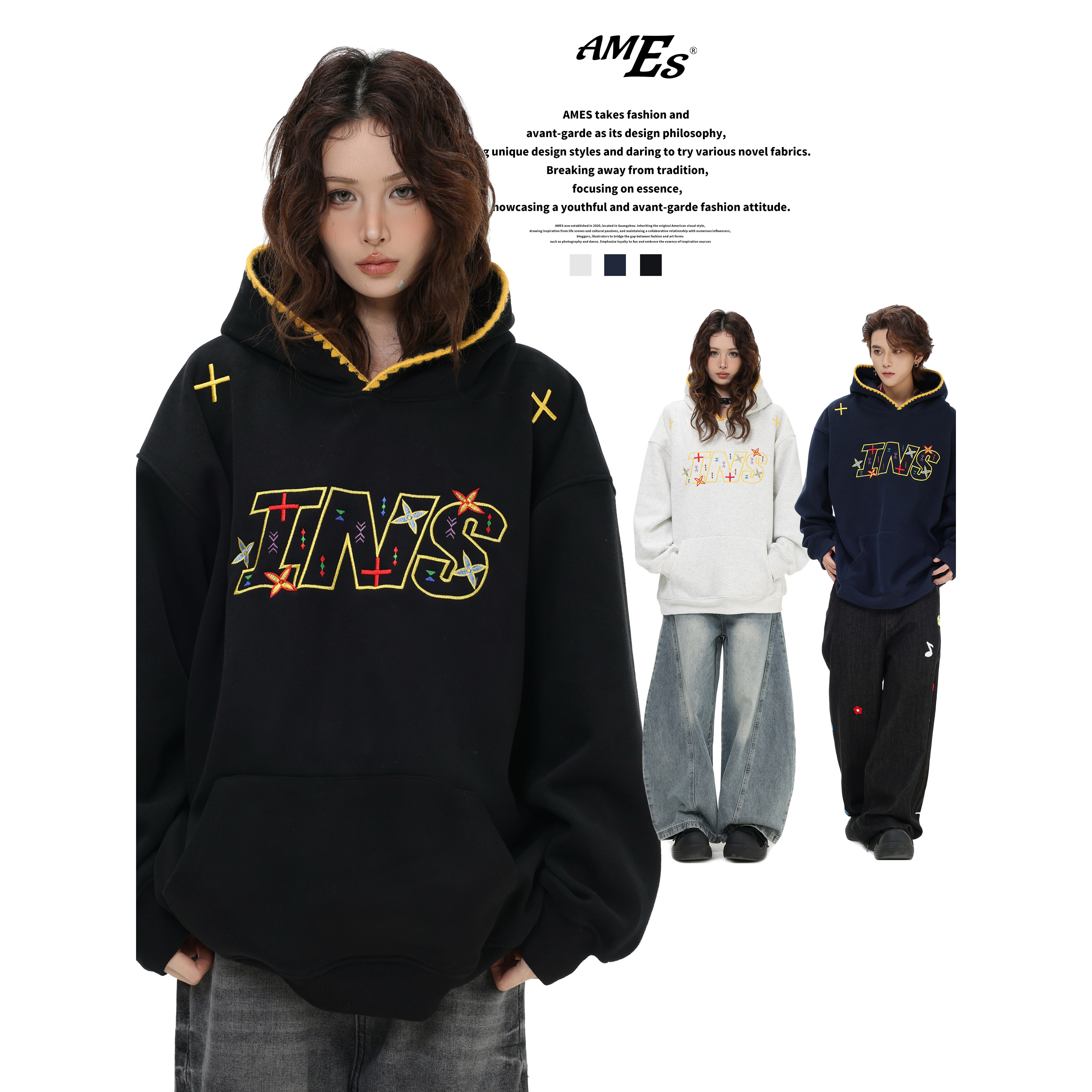 AMES贝壳刺绣LOGO连帽卫衣