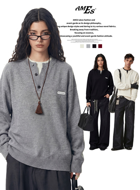 AMES 潮牌国潮情侣美式「亨利领假两件毛衣」宽松老钱风针织衫男