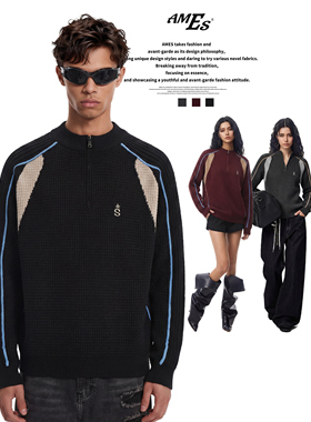 AMES 潮牌国潮情侣美式「撞色拼接半拉链毛衣」宽松针织衫外套男