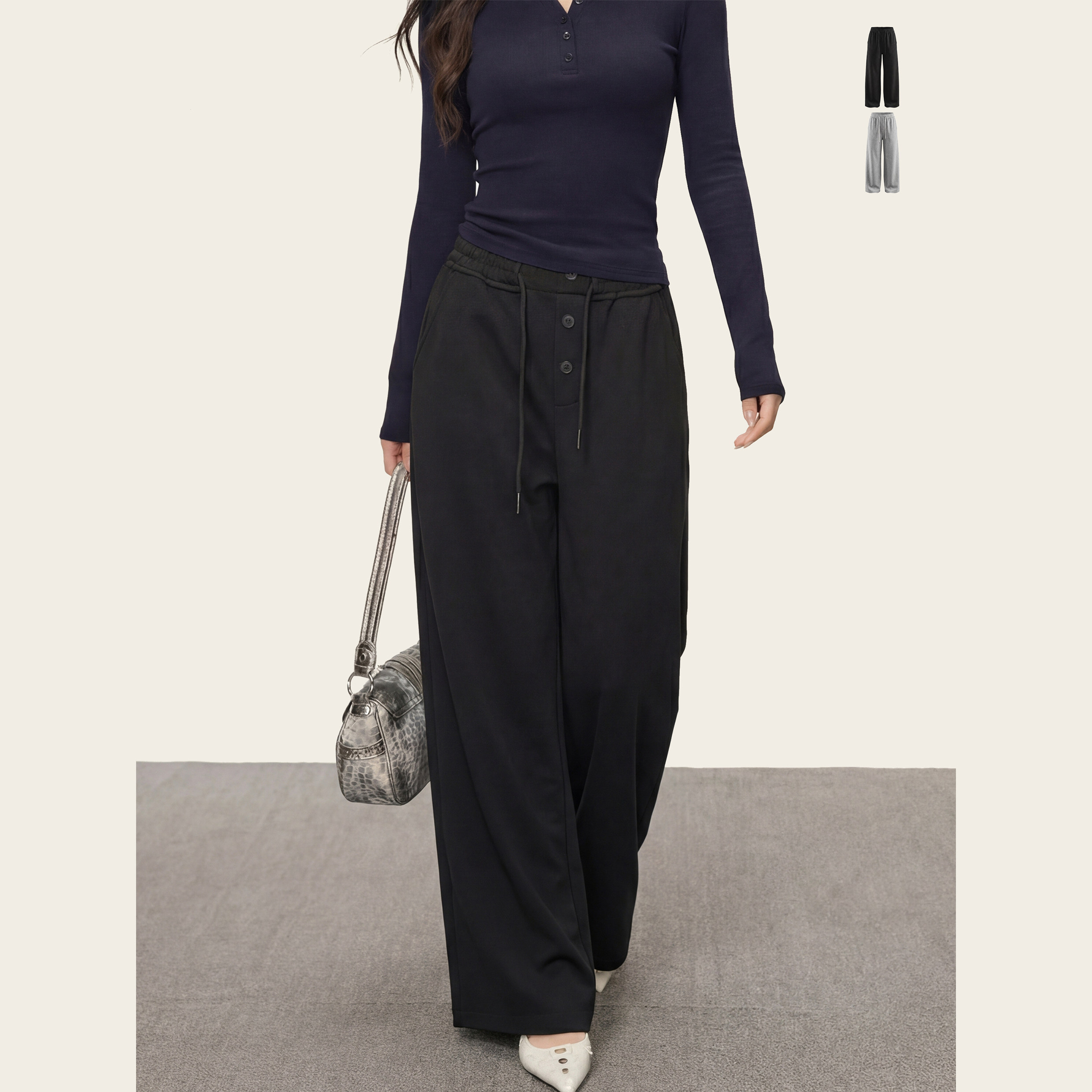 Ames 美式复古设计感【抽绳纽扣拖地卫裤】春季宽松直筒长裤子女,女装/女士精品,休闲裤,淘宝优惠券,粉丝福利购,淘宝优惠卷