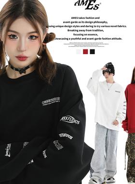 AMES 潮牌国潮情侣美式字母LOGO排版印花圆领卫衣宽松长袖男女