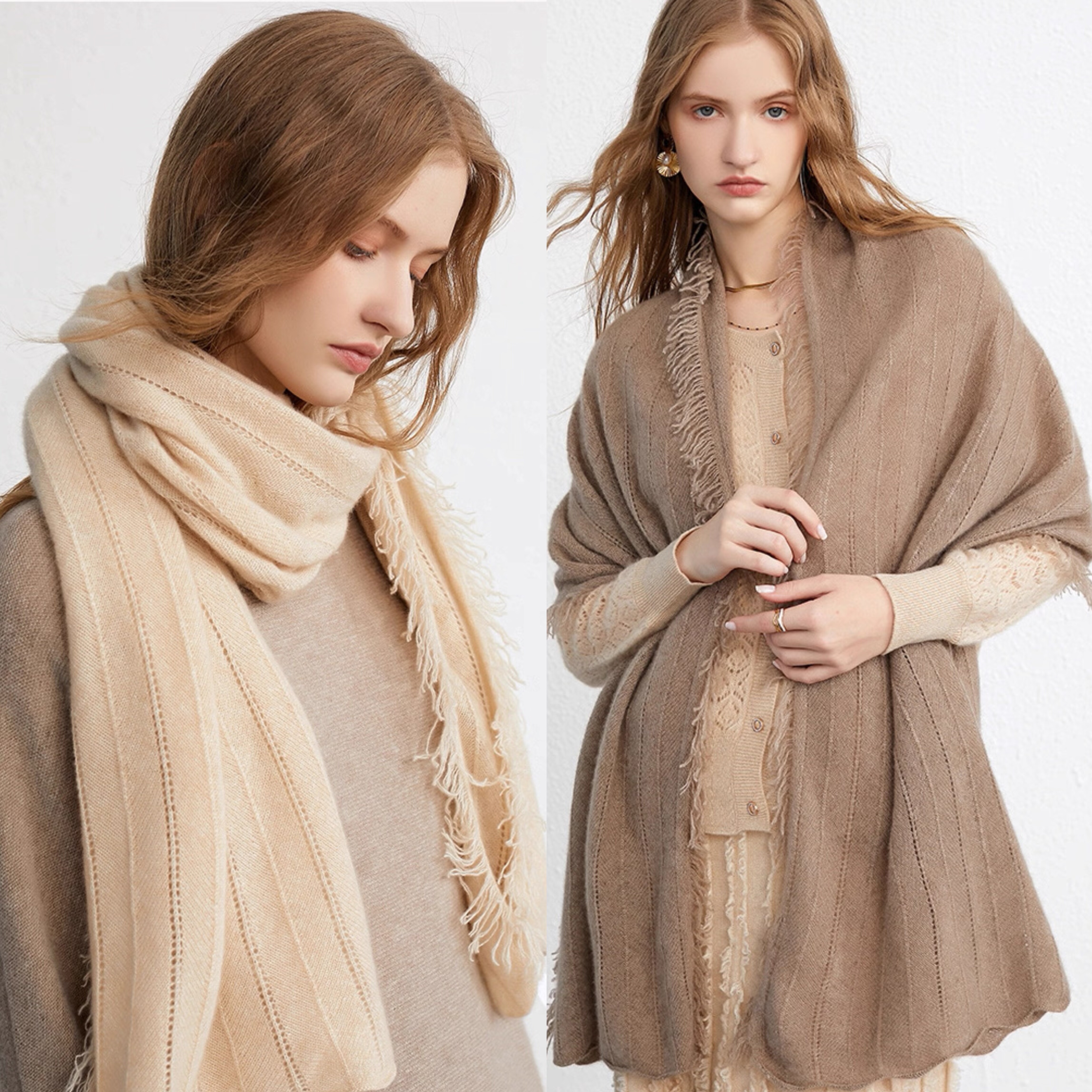 木兮100%纯羊绒镂空围巾披肩无染色精致挑孔工艺手工流苏针织围脖