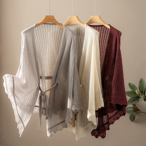 木兮pure cashmere 100%山羊绒披肩披风镂空老钱风空调衫开衫纯色