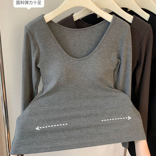 秋冬新款磨毛自发热带胸垫打底衫修身长袖内搭秋衣保暖内衣上衣女