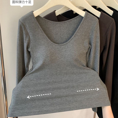 保暖上衣磨毛自发热带胸垫打底衫