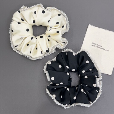 CL11韩系慵懒风缎面波点珍珠大肠发圈女质感洋气扎发绳头花发饰62