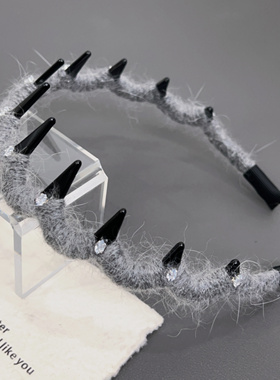 L5原创新款倒齿发箍高级感灰色毛线小众锆石发卡头箍头饰发饰