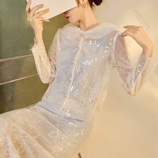 【流光溢彩】新中式国风蕾丝上衣气质名媛千金衬衫修身半裙套装秋