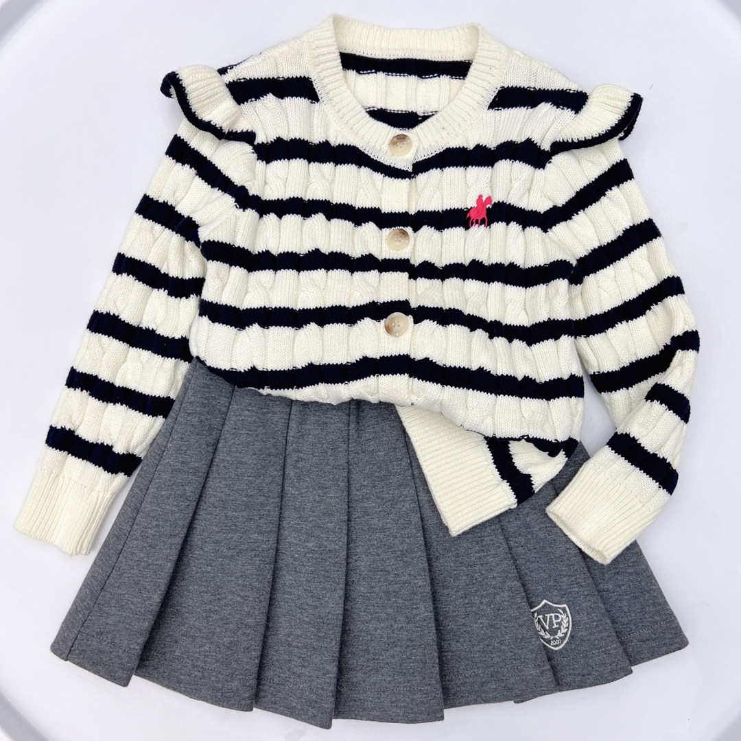 女童春秋条纹毛衣针织衫麻花开衫中大童时尚百搭单排扣条纹外套