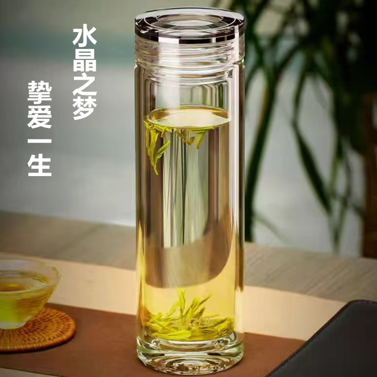 水晶之梦双层高硼硅玻璃杯办公商务水杯特厚水晶大气礼品杯子