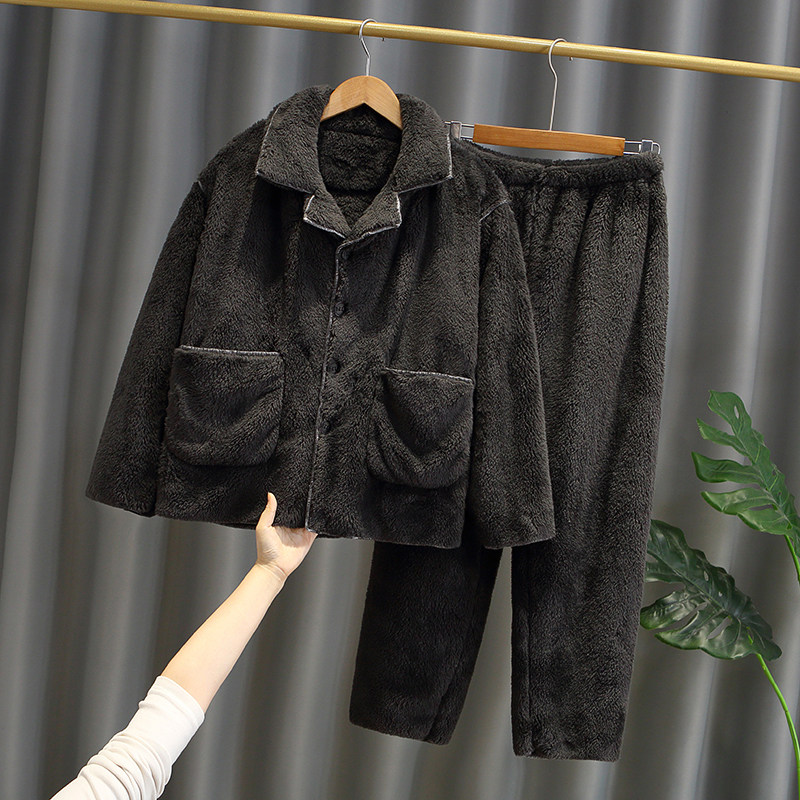 珊瑚绒家居服套装秋冬季加厚翻领开衫可外穿睡衣亲子装男女款
