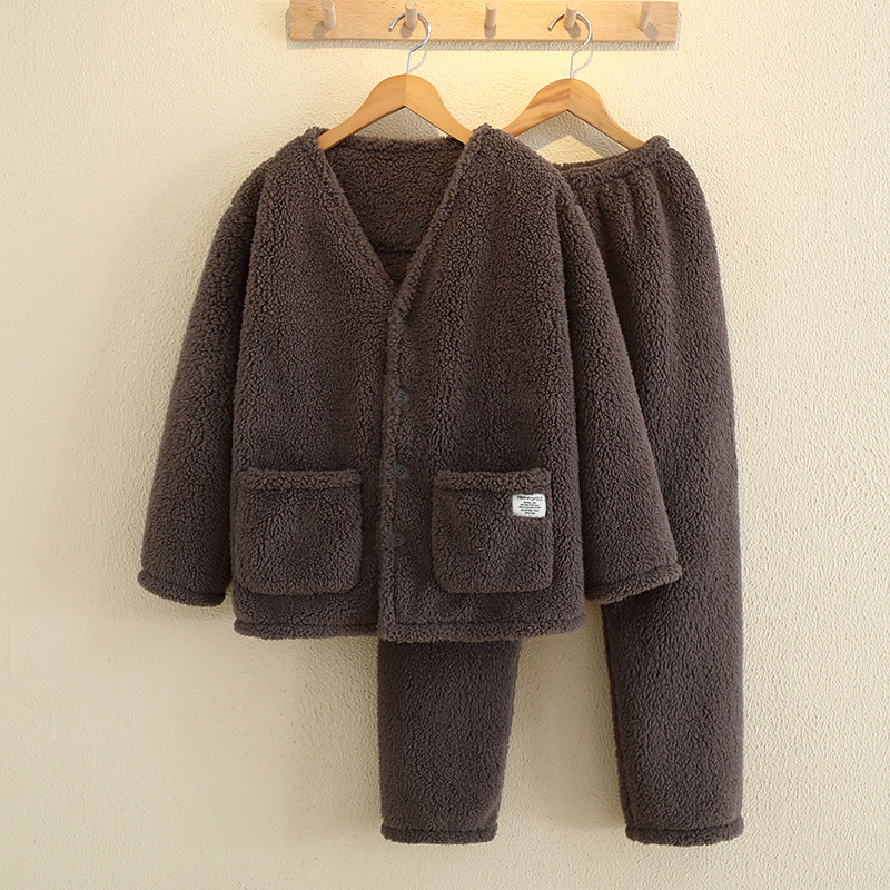 男士秋冬季情侣加厚睡衣珊瑚绒家居服秋冬款加绒日式可外穿亲子装