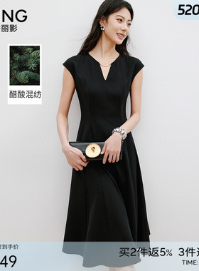 衣香丽影黑色收腰盖袖醋酸连衣裙女2026年夏装新款赫本风小黑裙子