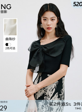 衣香丽影黑色蝴蝶结短袖针织衫女2025今年秋装新款设计感开叉上衣