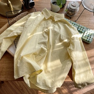 早春秋内搭衬衫女长袖水洗纯棉麻上衣外套奶蓝浅粉色小个子keyile