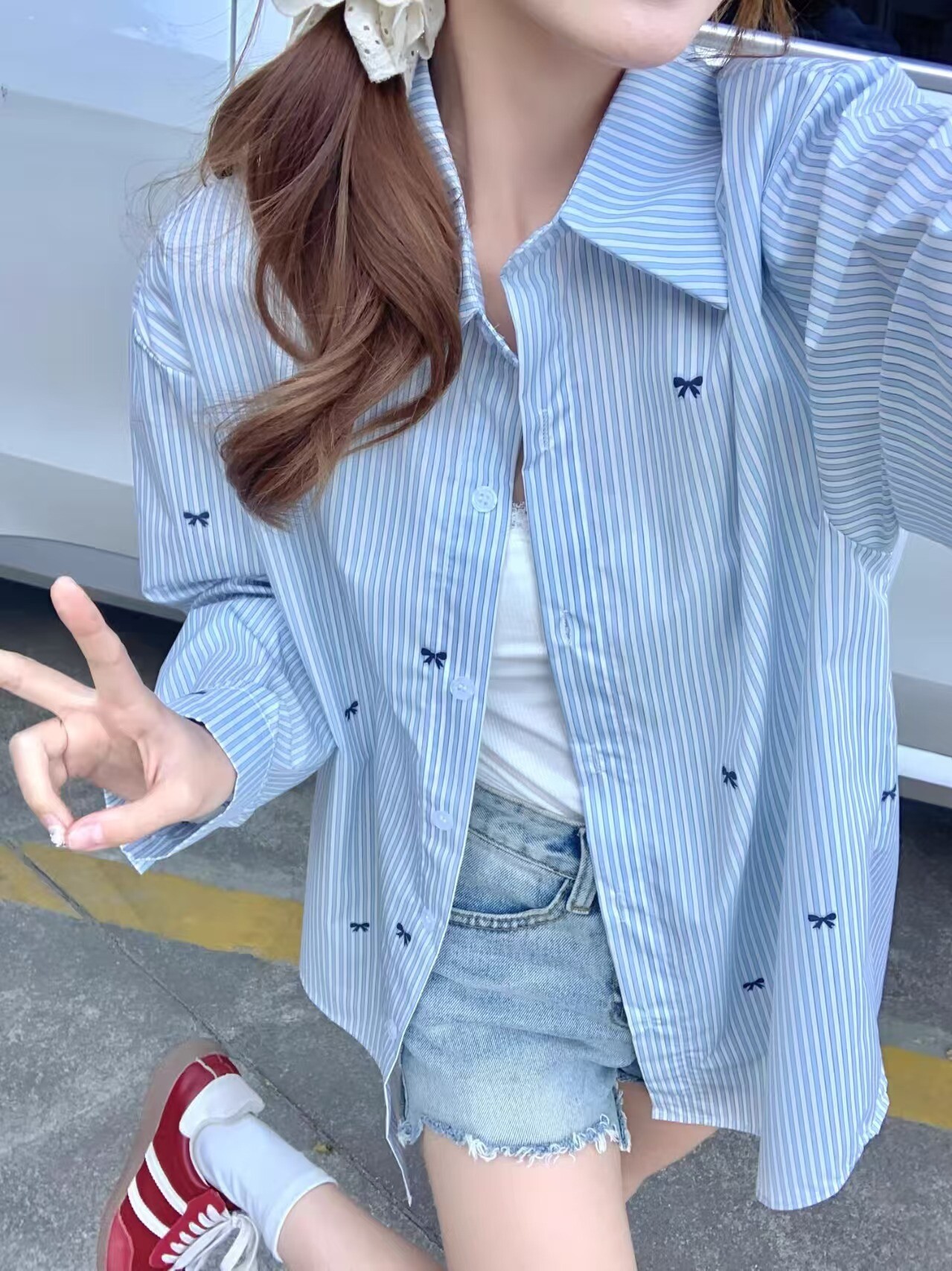 韩系休闲宽松蝴蝶结刺绣条纹长袖衬衫女夏防晒上衣外套薄款小个子