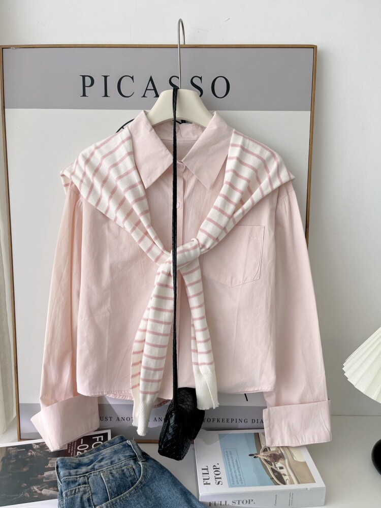 韩系叠穿春秋夏长袖衬衫披肩两件套防晒上衣女短款外套小个子宽松