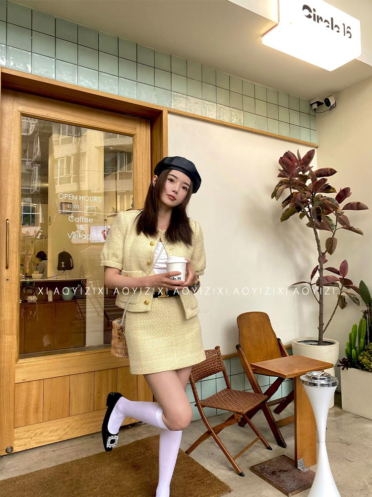 XYZ STUDIO 新款夏季灯笼袖小香风外套女圆领短袖上衣+高腰半身裙,女装/女士精品,短外套,淘宝优惠券,粉丝福利购,淘宝优惠卷