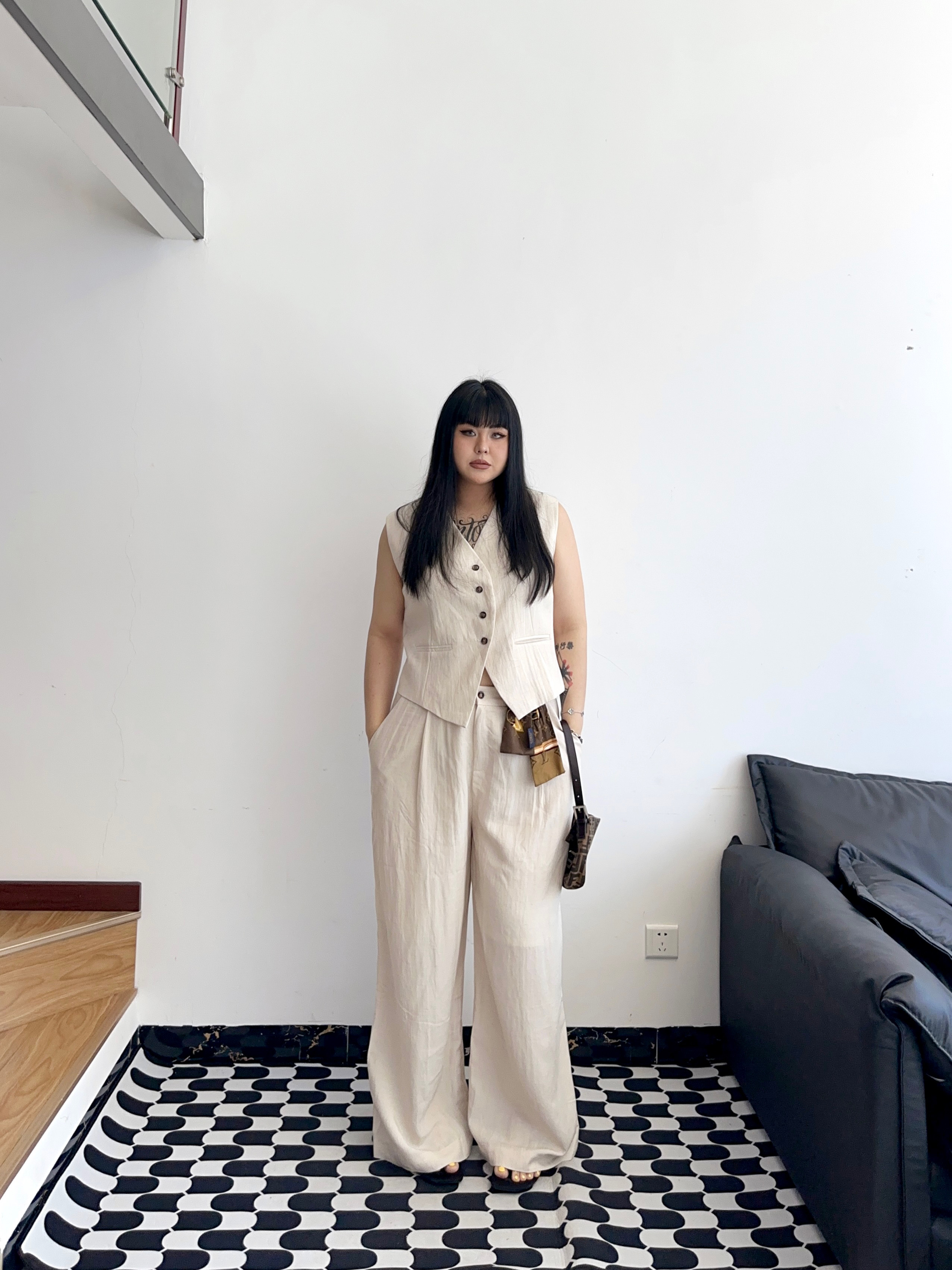 BBold 复古新老钱风大码夏季高级感天丝亚麻马甲阔腿长裤两件套装