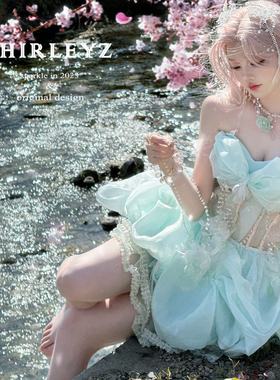 雪妮原创〈绿灵仙子〉法式绿色抹胸鱼骨连衣裙仙女公主裙花苞裙