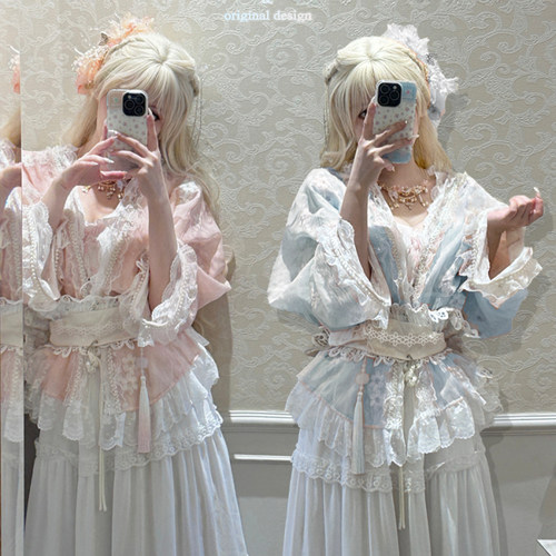 雪妮原创〈昭和doll系〉氛围感粉色蕾丝拼接外套收腰修身显瘦上衣