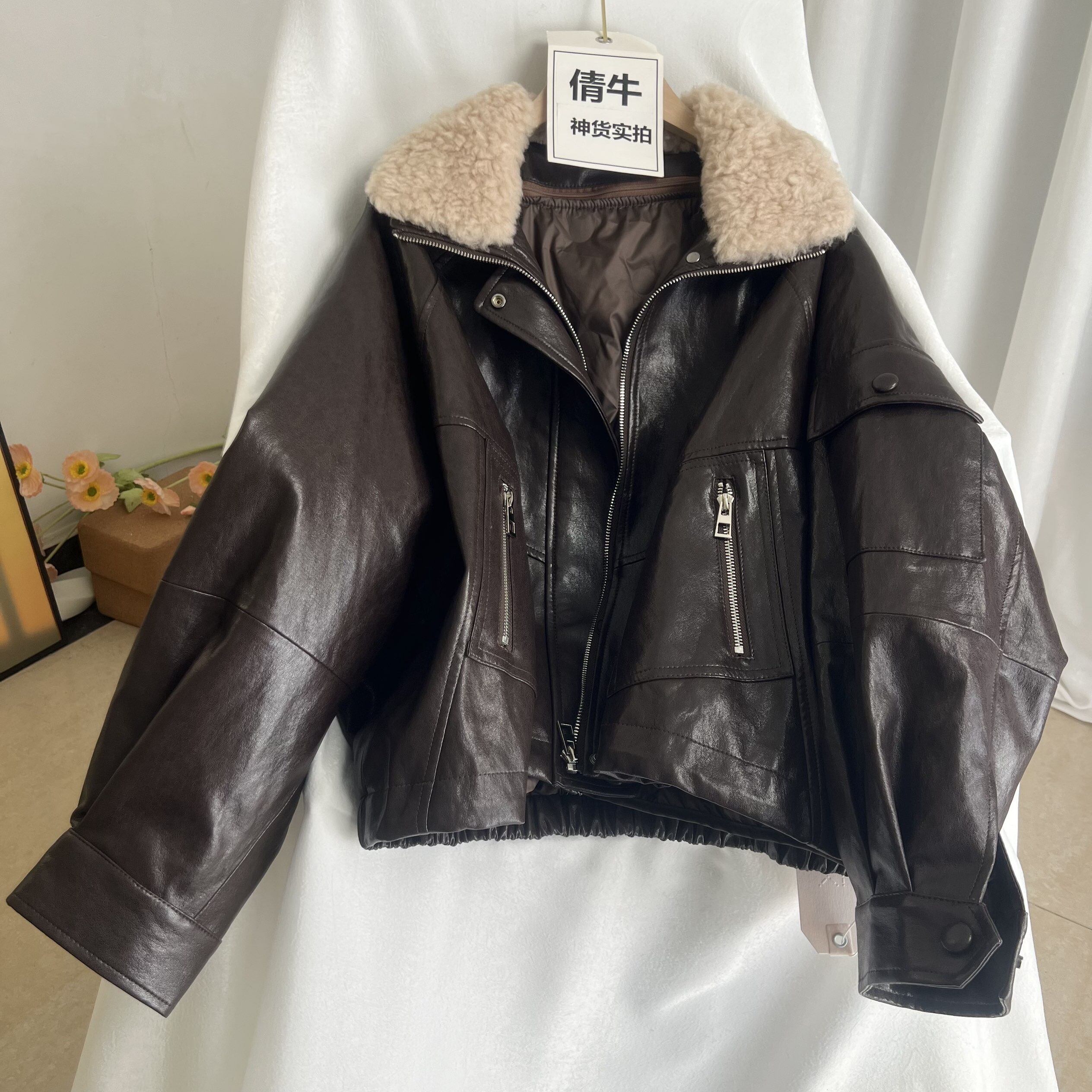 倩牛高端神货】可拆卸鹅绒服内胆绵羊真皮衣夹克短外套女酷感松弛