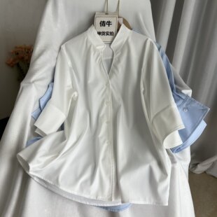 【倩牛女装】轻熟优雅风翻领七分袖衬衫女宽松通勤百搭显瘦上衣