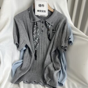 倩牛神货】莱赛尔真丝 POLO领短袖针织衫女宽松上衣休闲T恤夏款