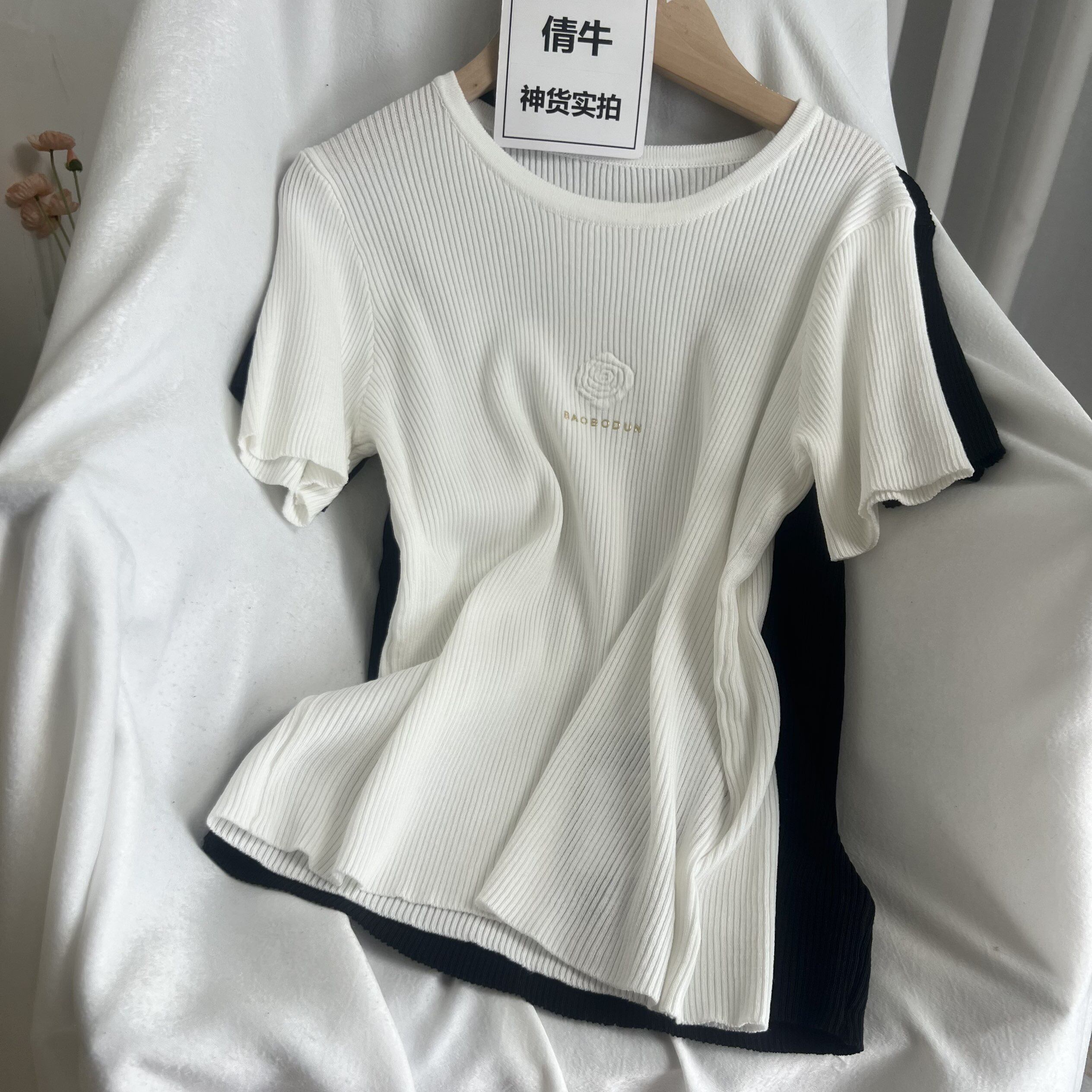 倩牛神货】真丝天丝亚麻 透气清爽休闲简约短袖针织上衣女
