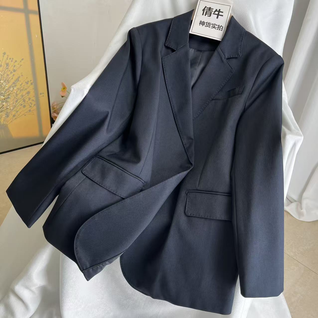 倩牛特价出清】休闲西装外套女深蓝色翻领一粒扣通勤西服上衣春秋