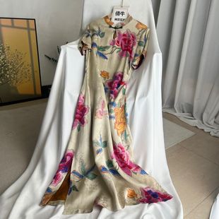 旗袍长款 倩牛高端 收腰短袖 100人丝香云纱 双开叉 风情国风改良版