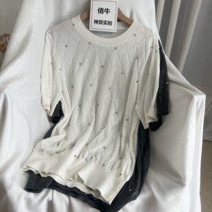 倩牛神货】小众设计感重工钉珠菱格纹短袖针织衫女修身减龄上衣
