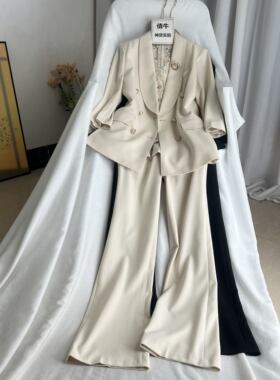 倩牛高端】三件套 醋酸真丝麻蕾丝马甲收腰西装外套微喇叭长裤
