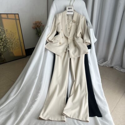 倩牛高端】三件套 醋酸真丝麻蕾丝马甲收腰西装外套微喇叭长裤