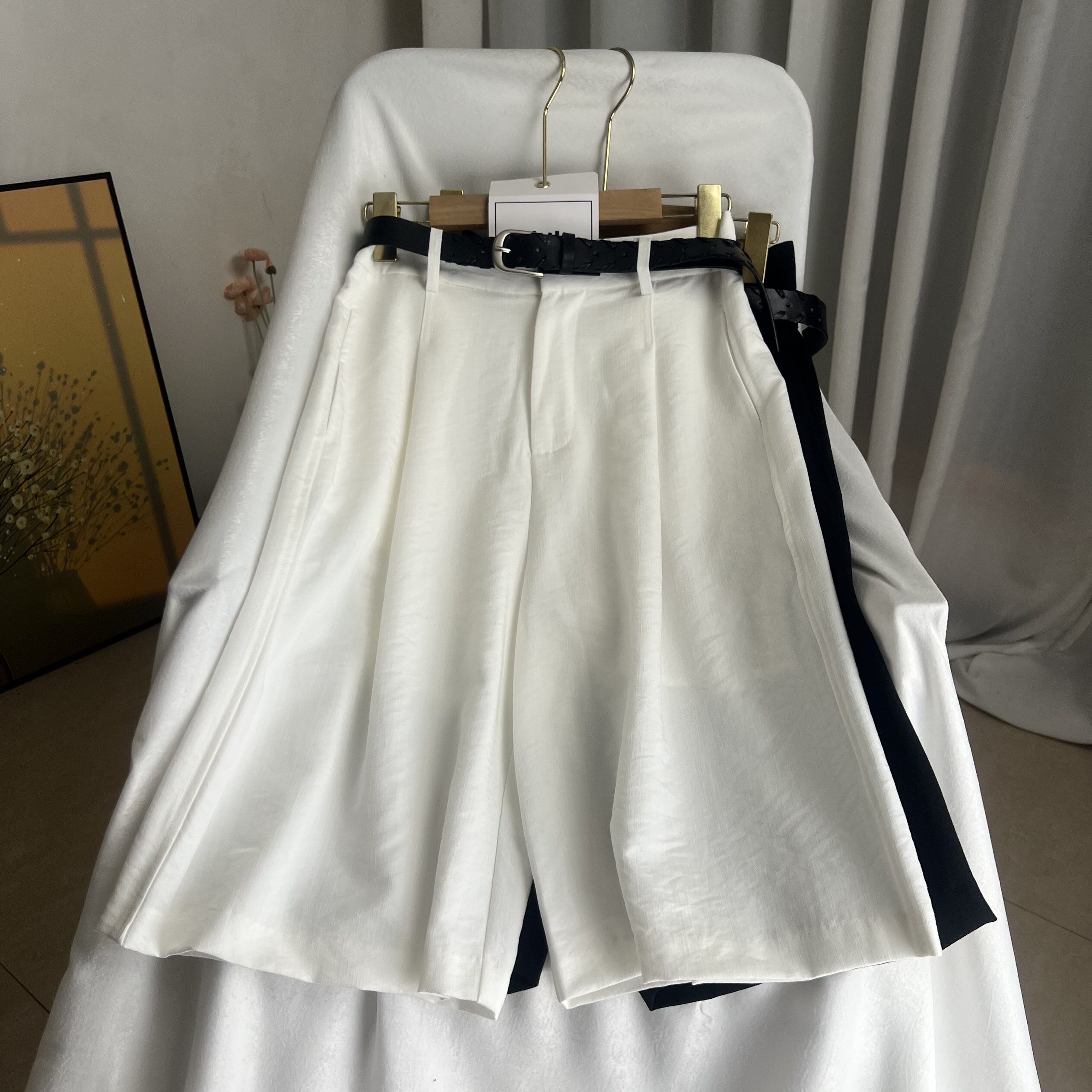 倩牛神货】天丝亚麻+真丝 休闲垂感宽松西装五分中裤女夏季配腰带