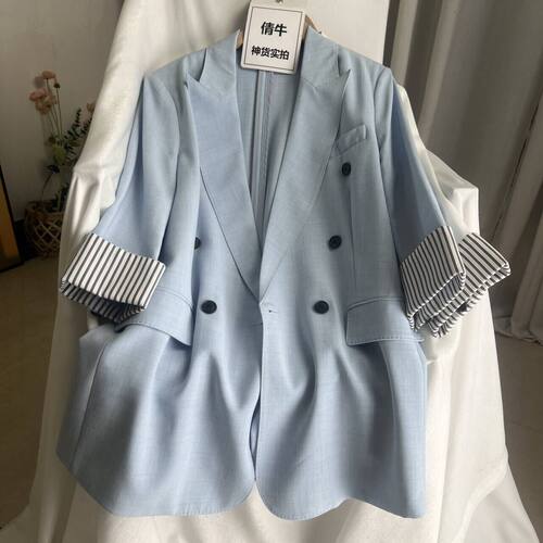 倩牛高端牛货】高级感七分袖双排扣醋酸西装外套女夏薄款职场穿搭
