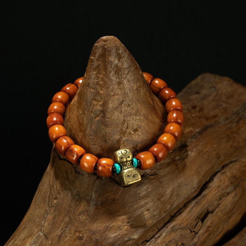 文玩精品〓大年份玉化老料搭配千年至纯断天珠 天铜印章多宝手串