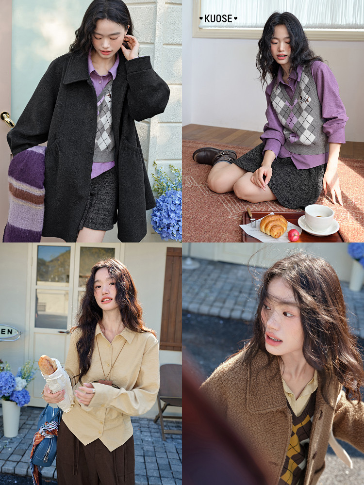 Collage of women modeling a purple shirt, argyle sweater vest, and dark coat outfit