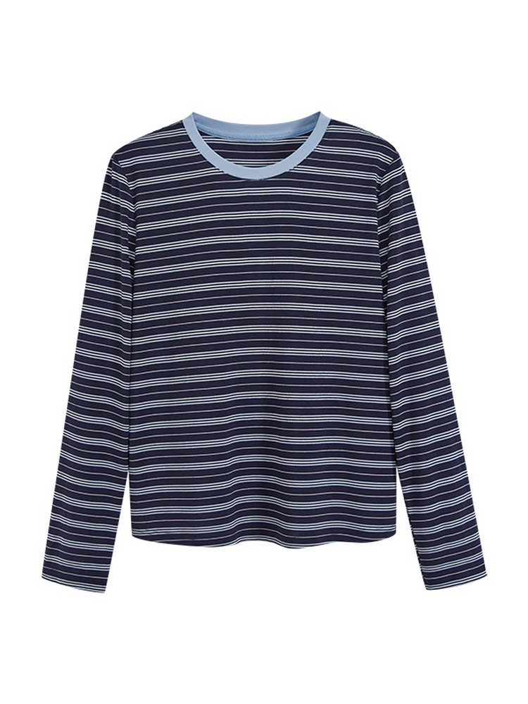 Navy and white striped long-sleeve crewneck shirt laid flat on a white background