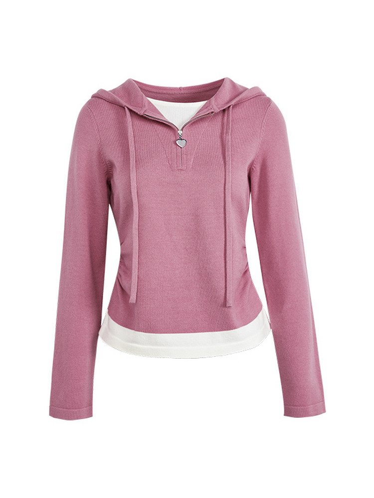 Pink long-sleeve hooded zip-neck top with drawstrings and layered hem