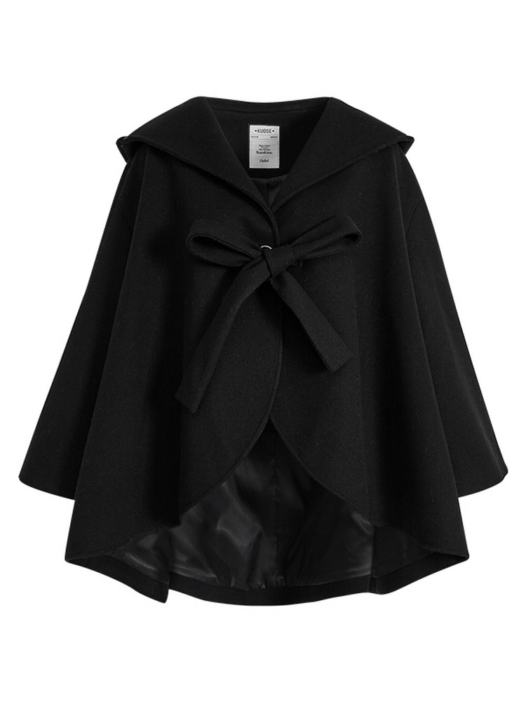 Black hooded cape-style coat with a front bow tie