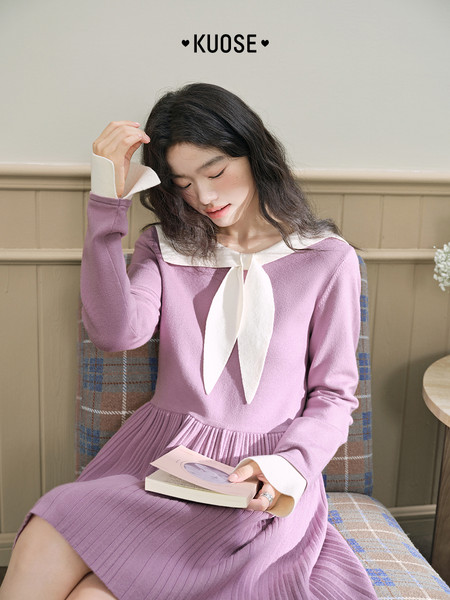 Model wearing a lavender long-sleeve sailor-collar dress